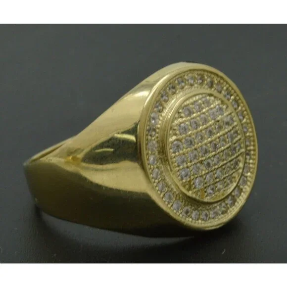 Real Solid 10K Yellow Gold Mens Hip Hop Round Micro Pave CZ Ring ALL Sizes